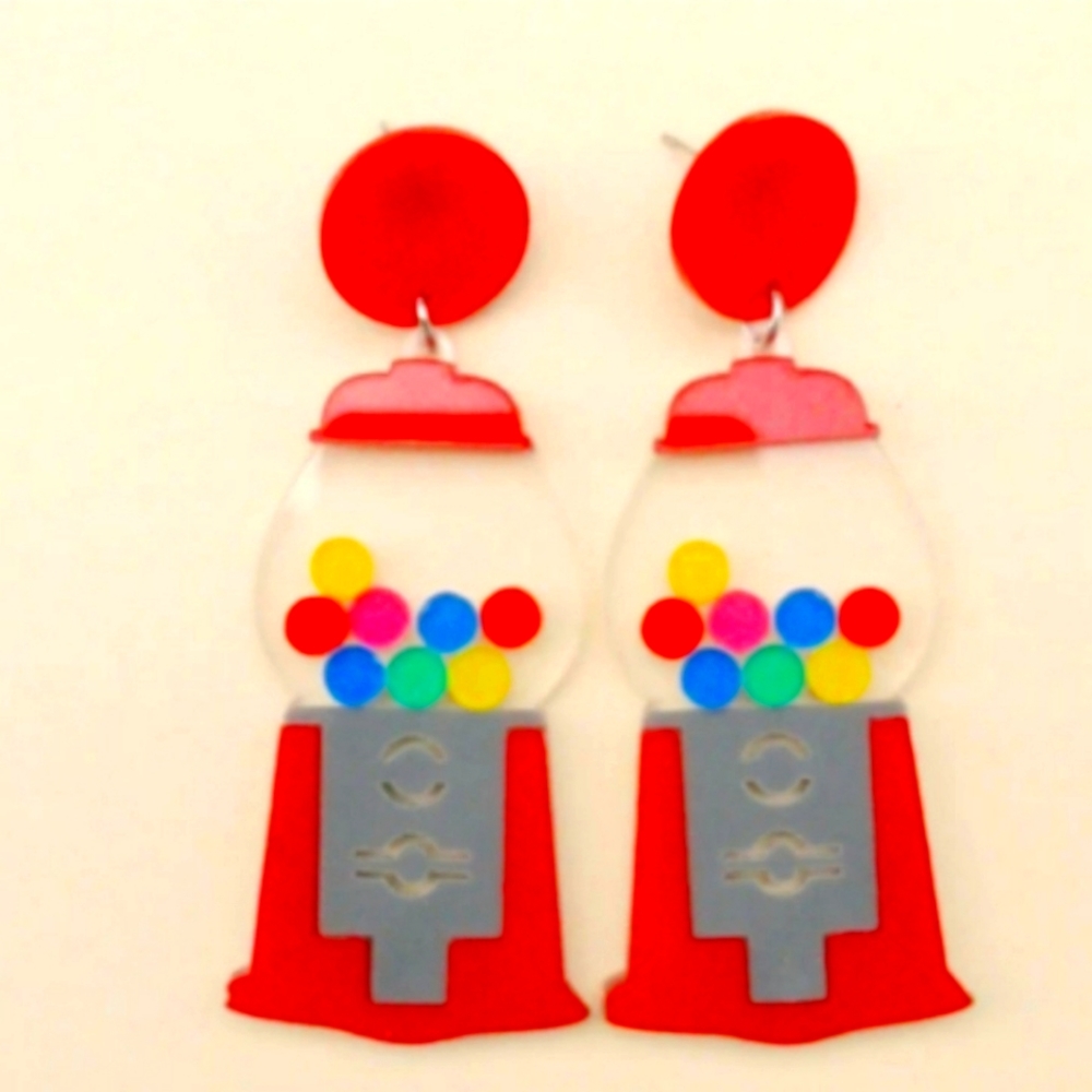 Adorable Bubble Gum Machine Hanging Stick In Earrings!